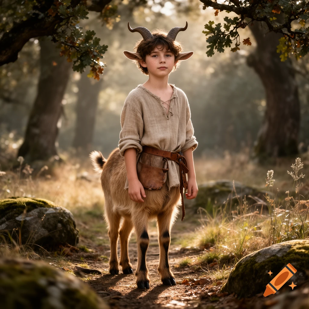 Photorealistic portrait of a young male satyr with horns and goat legs standing in a sunlit forest.