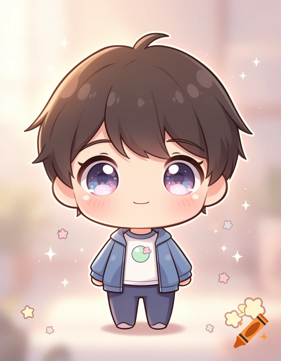 Cute chibi cartoon boy with brown hair and large sparkling purple eyes wearing a blue jacket.