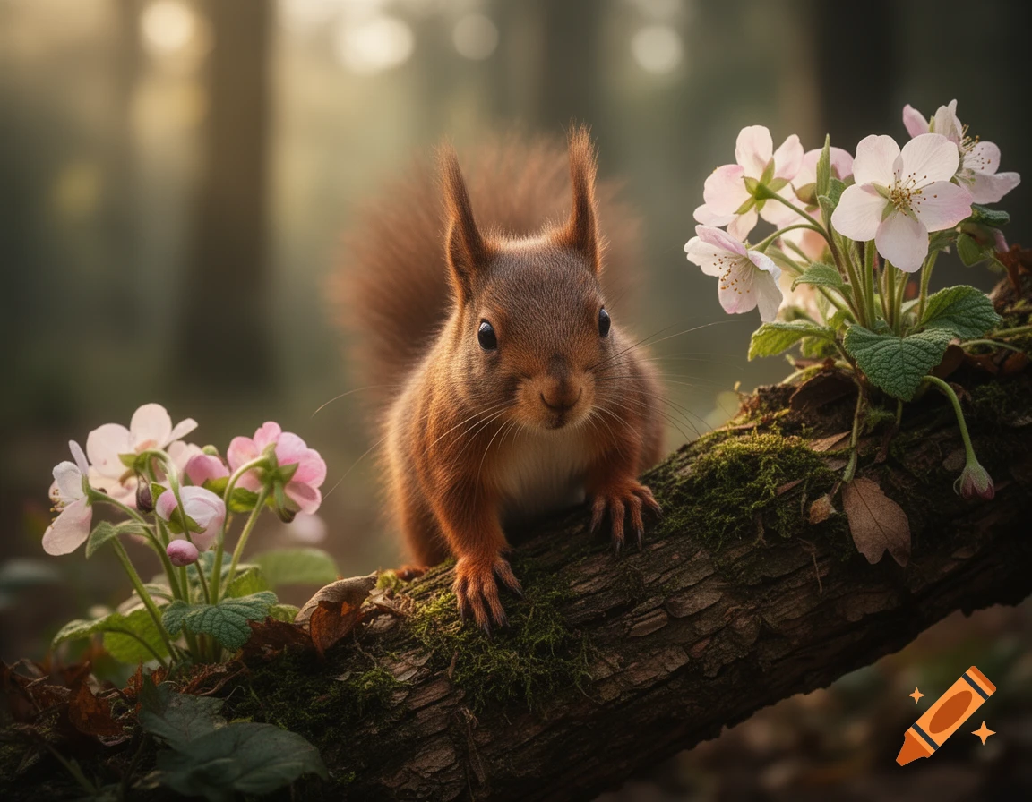 Photorealistic close-up of a red squirrel perched on a mossy branch among pink spring blossoms in a soft-focus forest.