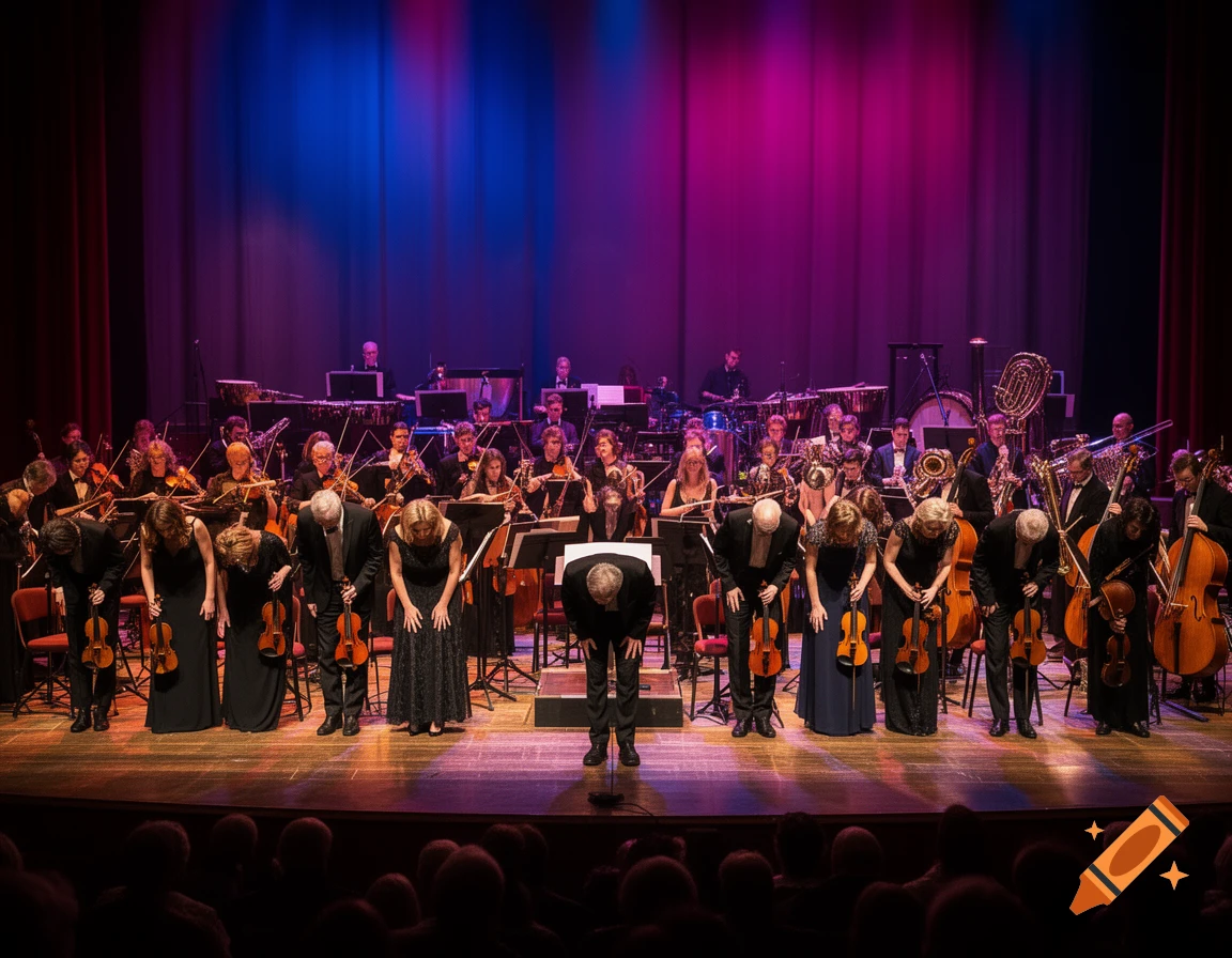 An orchestra bowing on a stage under blue and magenta lighting.