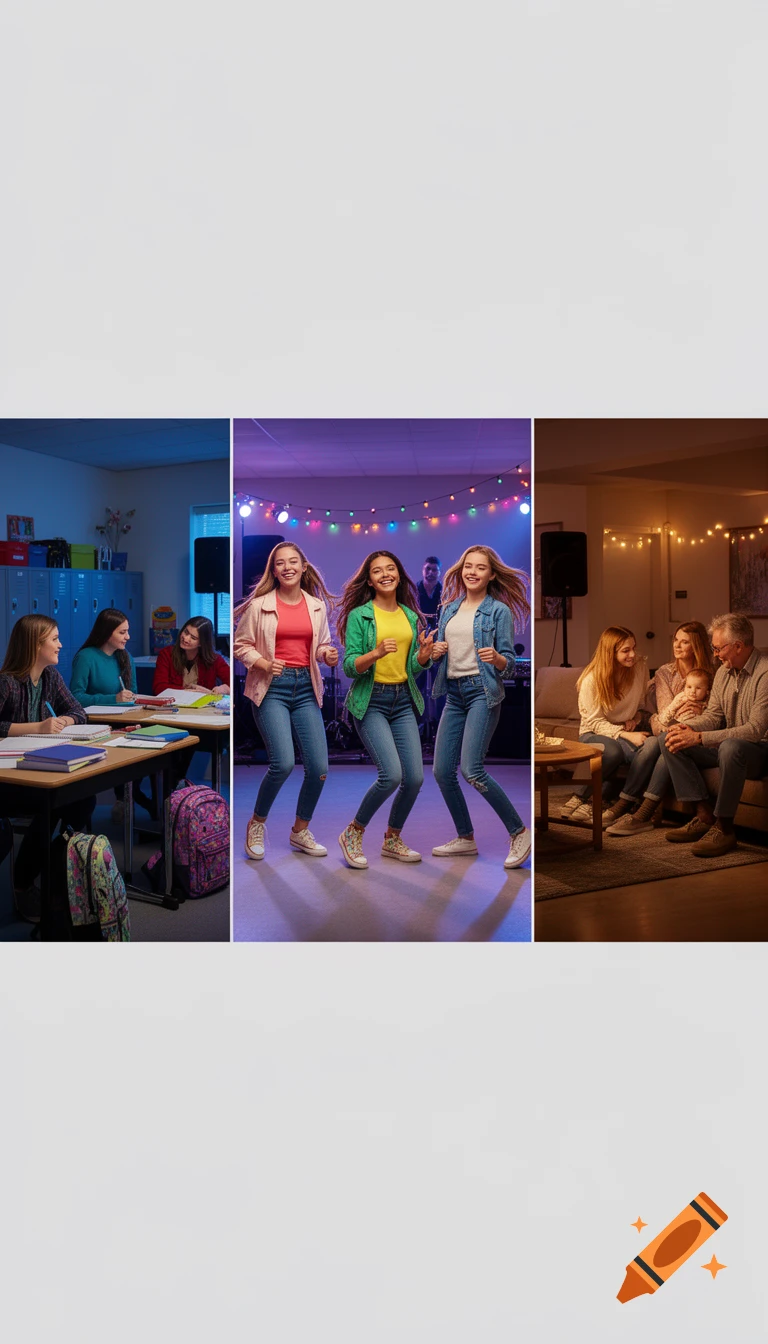 A triptych photo showing teenagers studying at school, dancing at a party with lights, and spending time with family.
