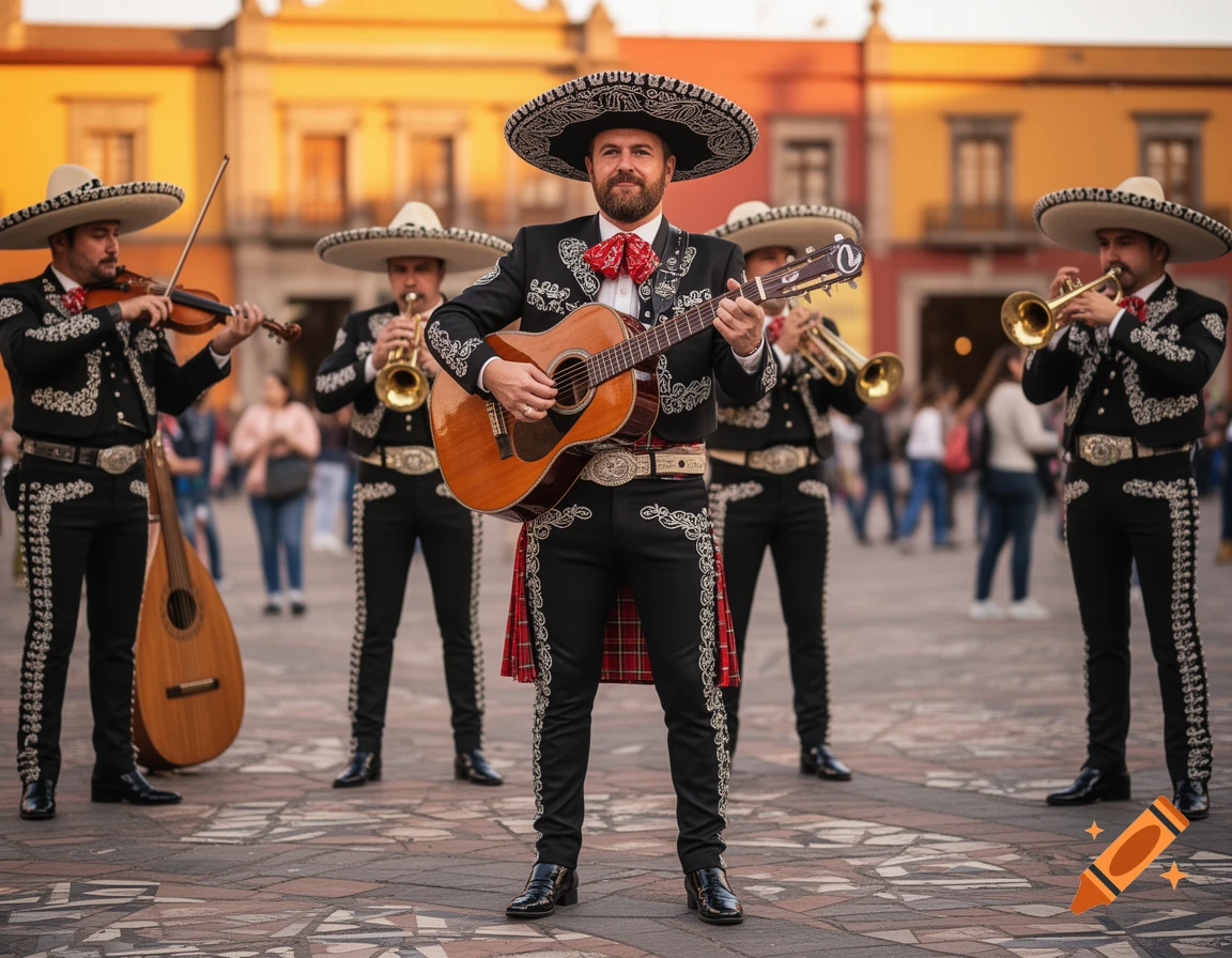 Photorealistic image of a mariachi band performing in a public square, featuring a Scotsman in traditional attire with a kilt.
