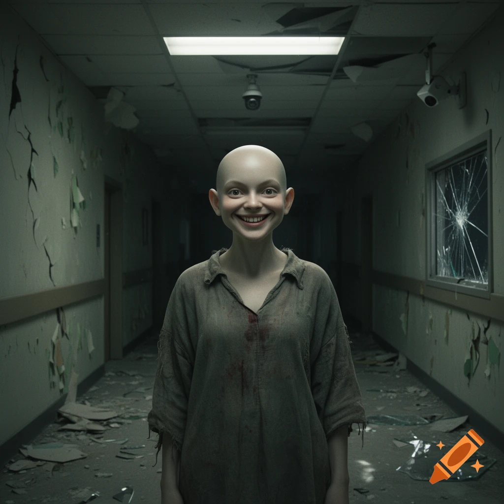 Photorealistic image of a bald person with a wide unsettling smile, standing in a dark, ruined hospital hallway.