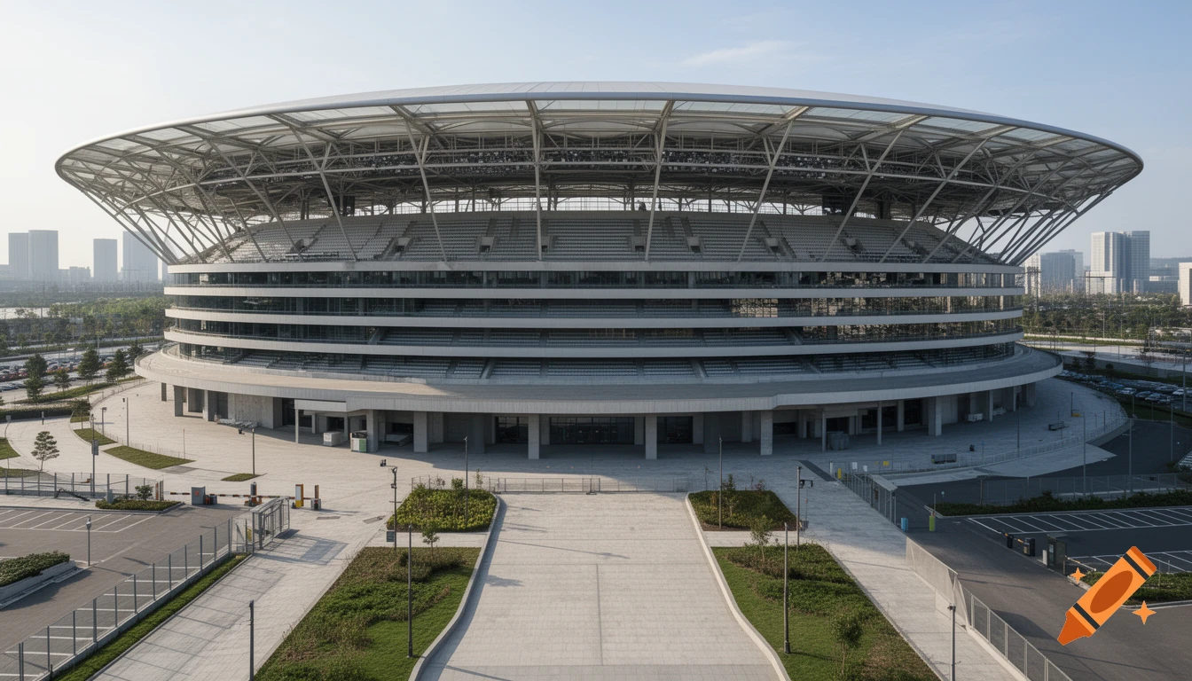 Photorealistic exterior view of a modern multi-tiered soccer stadium with a large circular roof under a clear sky.