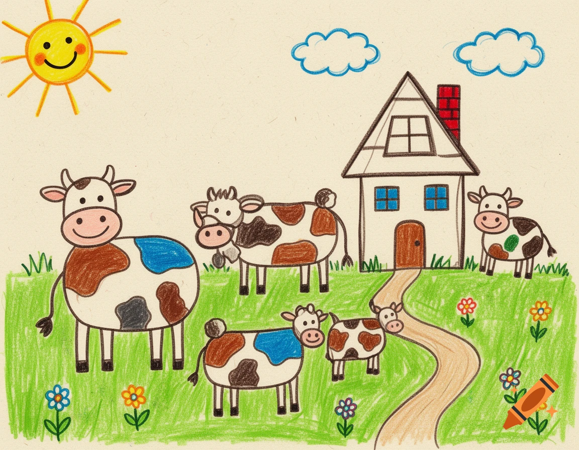 Naive child's drawing of spotted cows in a green pasture with a house, sun, and clouds.