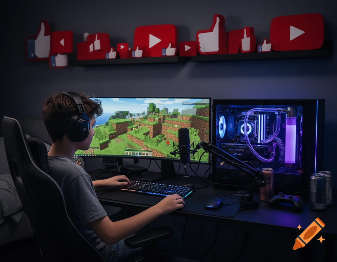 A young boy sitting in a gaming chair at a desk with a large monitor playing Minecraft and a custom water-cooled PC setup, photorealistic style.