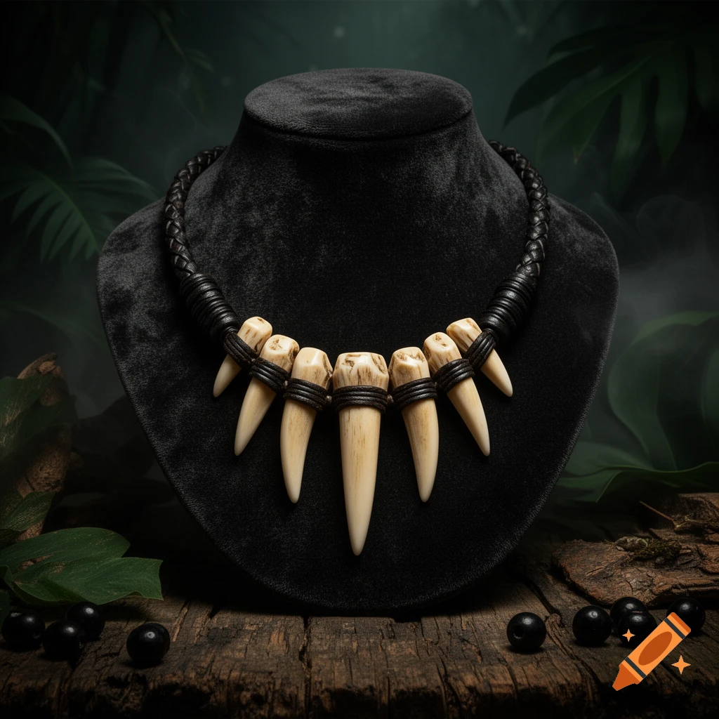 Photorealistic close-up of a panther tooth necklace on a black velvet bust display, set against a dark jungle background.