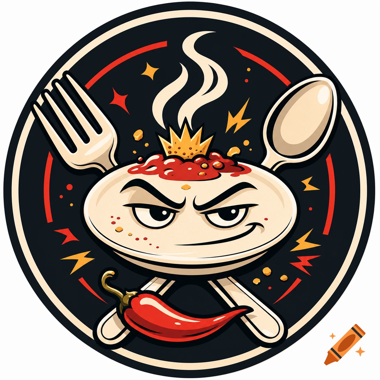 Round sticker style logo featuring an angry cartoon food bowl with a crown, fork, spoon, and chili pepper.
