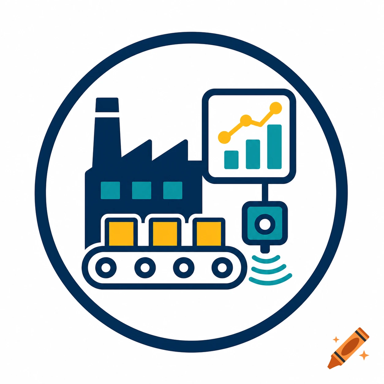 Icon of a factory, conveyor belt with containers, and a data chart inside a circular border, vector art style