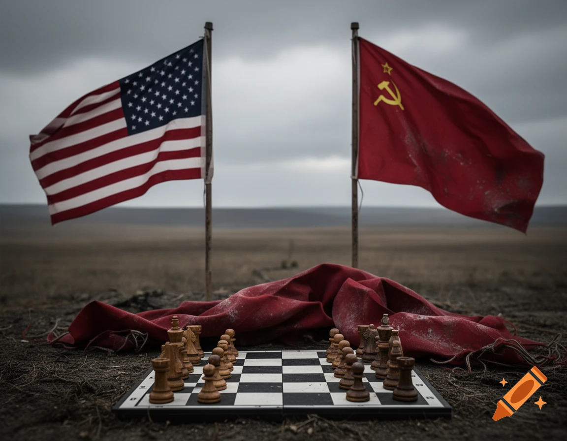 Photorealistic image of a chessboard set up outdoors on dirt, with an American flag and a Soviet flag behind it.