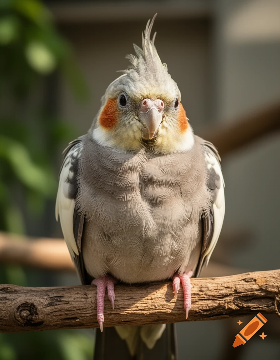 Close-up photorealistic portrait of a cute cinnamon pied cockatiel perched on a branch.