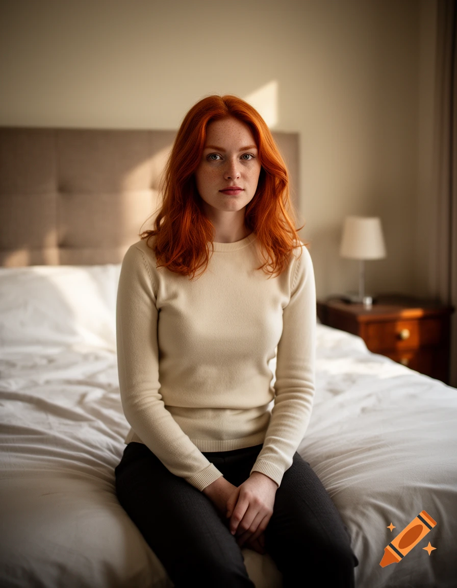 Photorealistic portrait of a young woman with vibrant red hair and freckles, sitting on a bed in a softly lit bedroom.