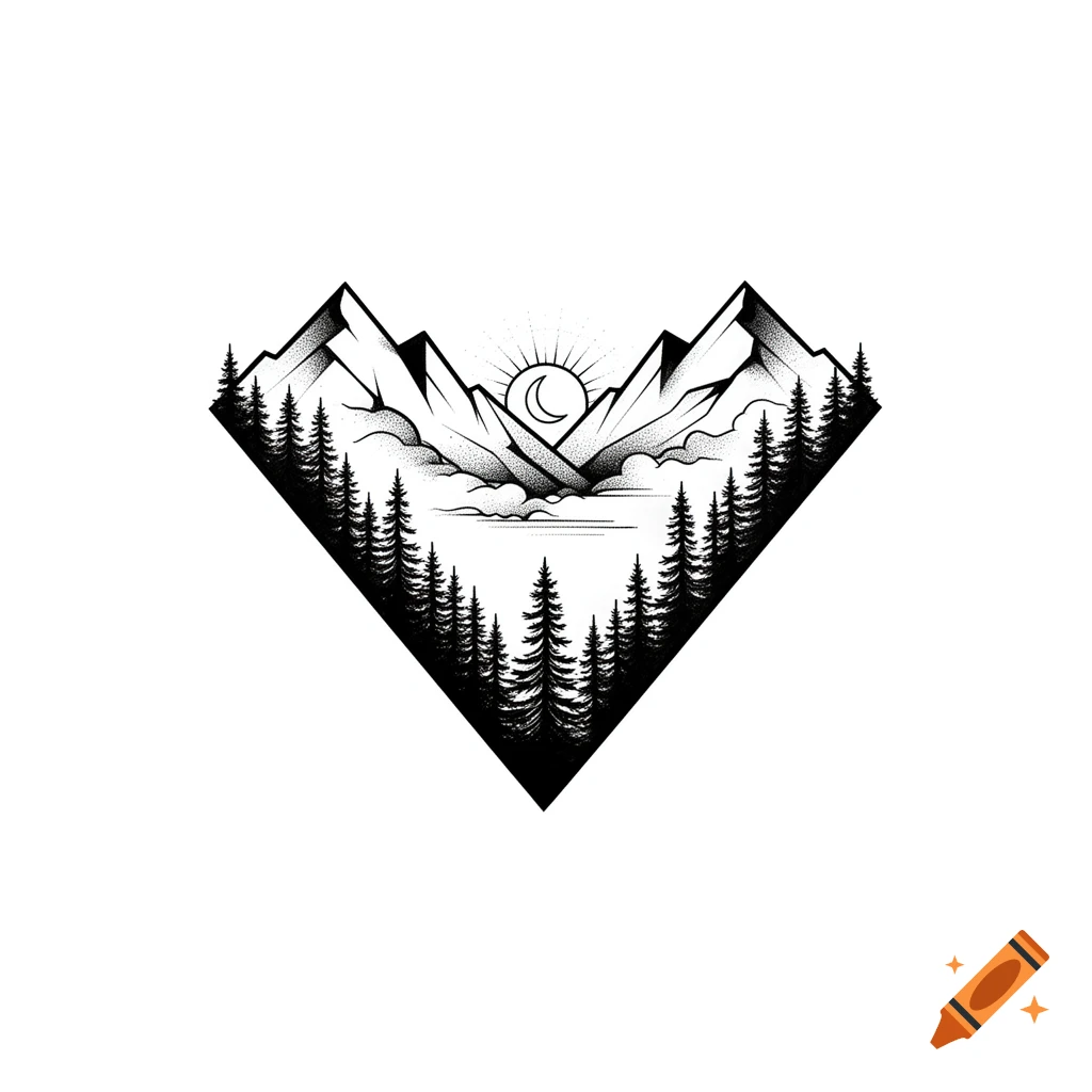 Black and white dotwork tattoo design featuring a mountain landscape inside a V shape with pine trees and moon.