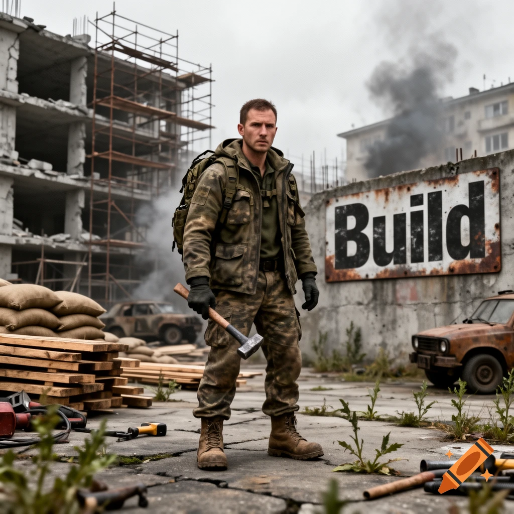 Photorealistic survivor holding a hammer in front of a ruined building with a Build sign.