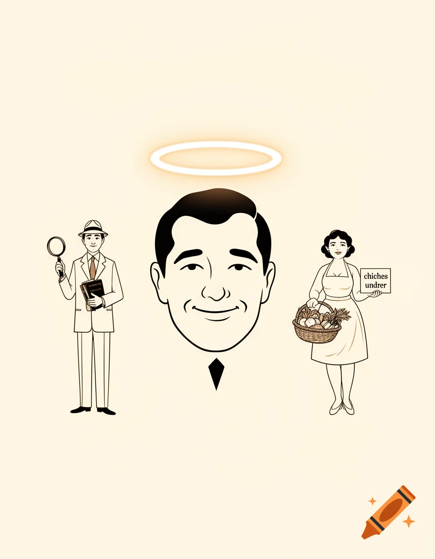 Minimalist line art illustration featuring a smiling man with a halo, a detective with a magnifying glass, and a woman holding a vegetable basket.