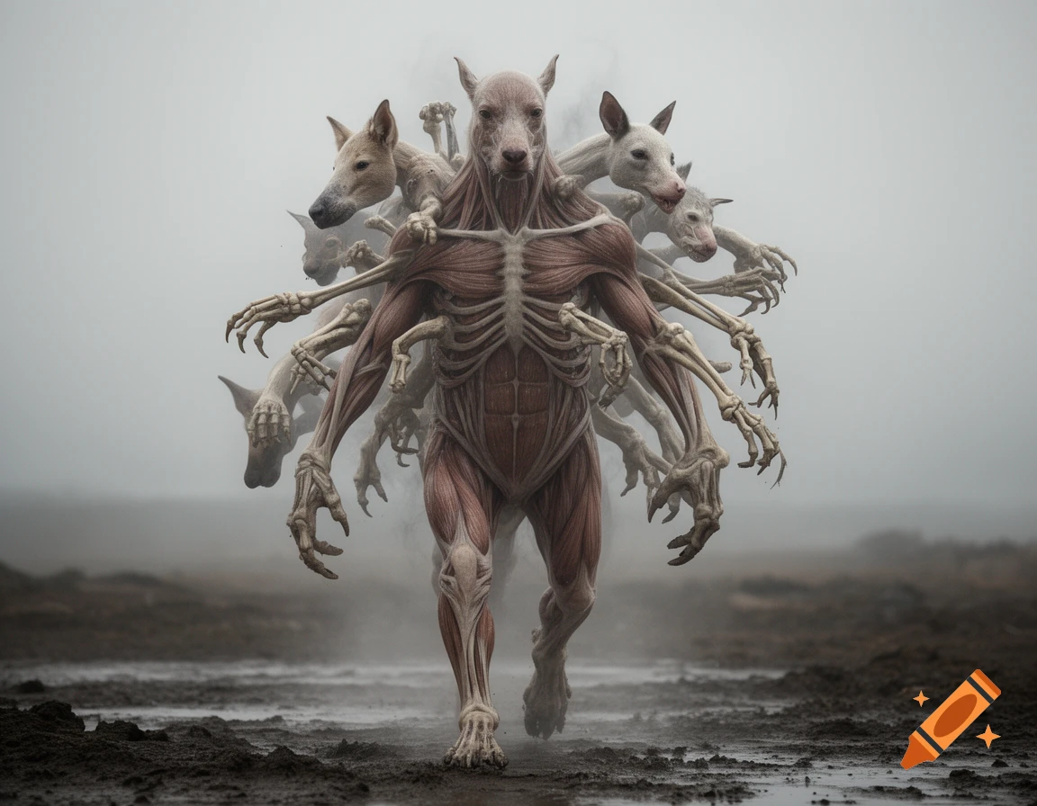A towering, multi-limbed creature with multiple dog heads, exposed muscle and bone structure, walking through a desolate foggy landscape, photorealistic.