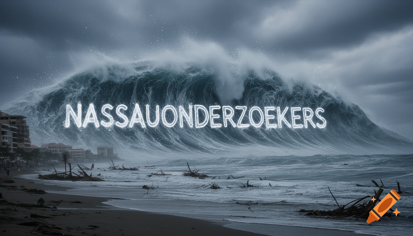 Photorealistic image of a massive tsunami wave crashing towards a debris-strewn beach with the text NASSAUONDERZOEKERS superimposed.