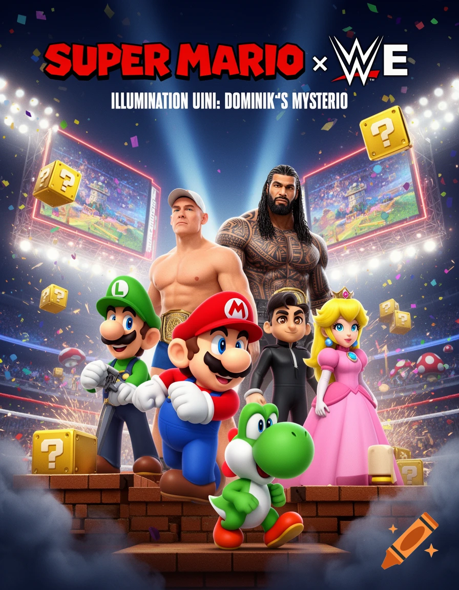 3D animated movie poster crossover featuring Super Mario characters and WWE superstars in a wrestling arena.
