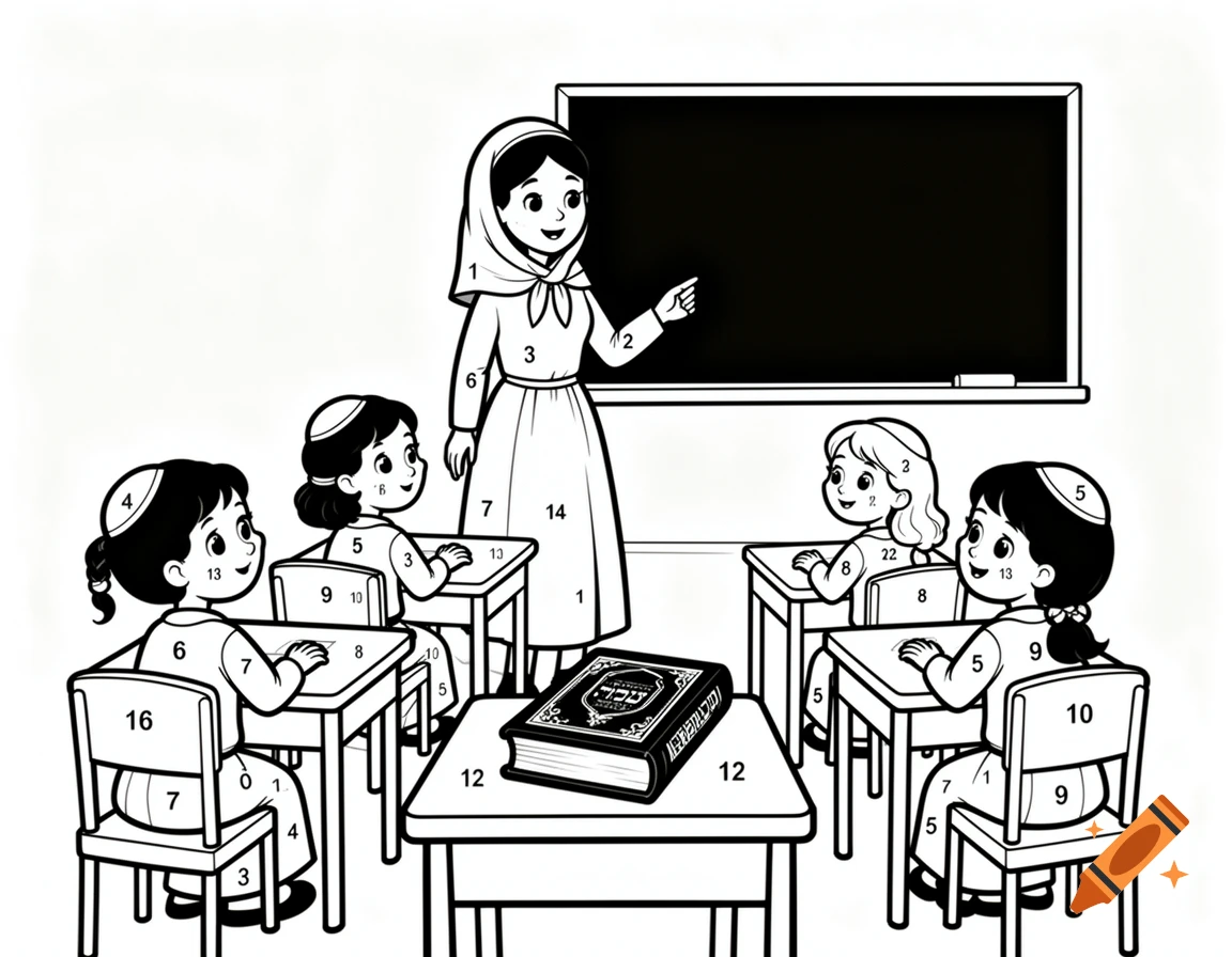 Black and white coloring page of a female teacher in a classroom pointing at a blackboard with students and a prayer book.