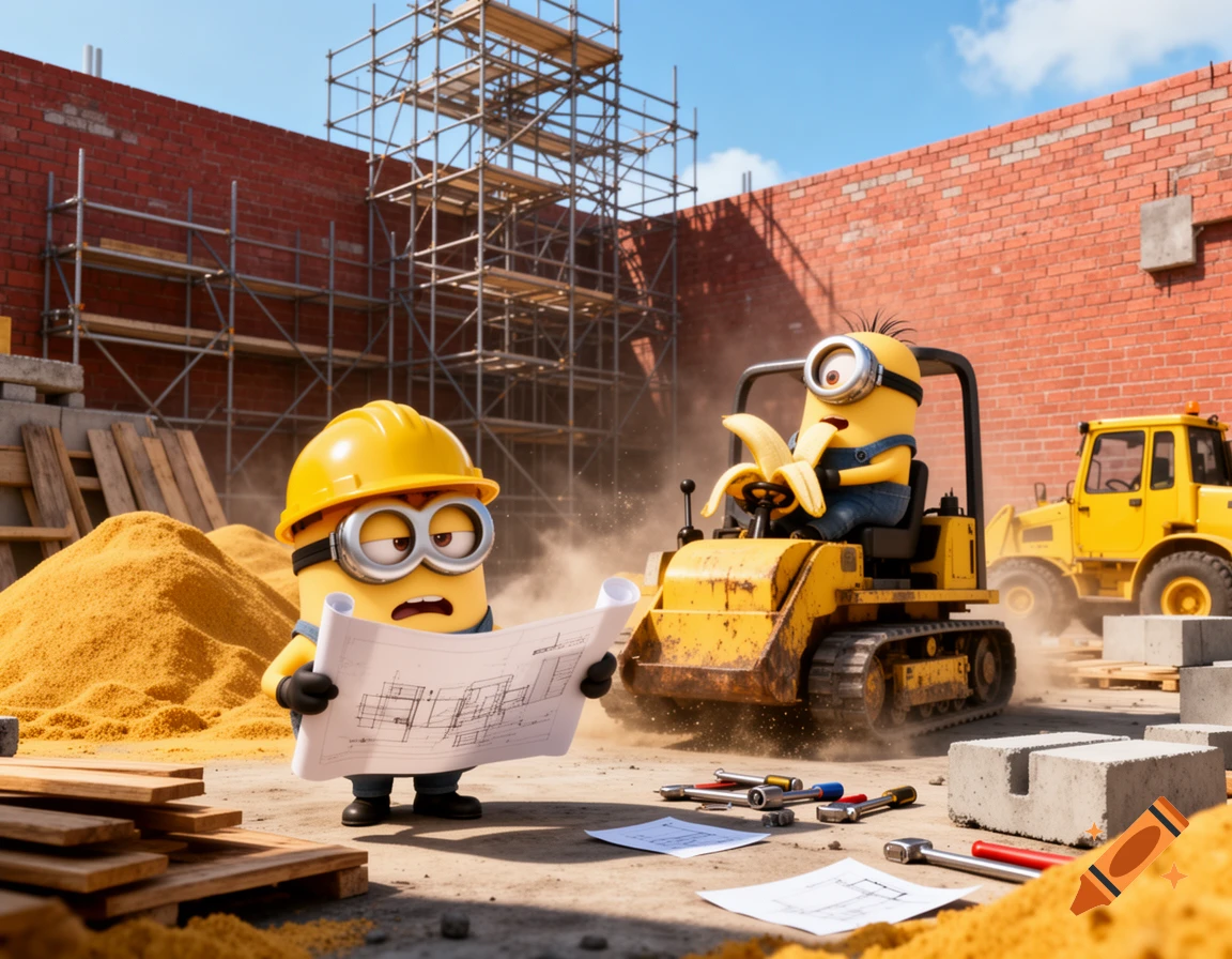 3D digital animation of Minions on a construction site with scaffolding, bricks, and a small bulldozer, bright daylight.