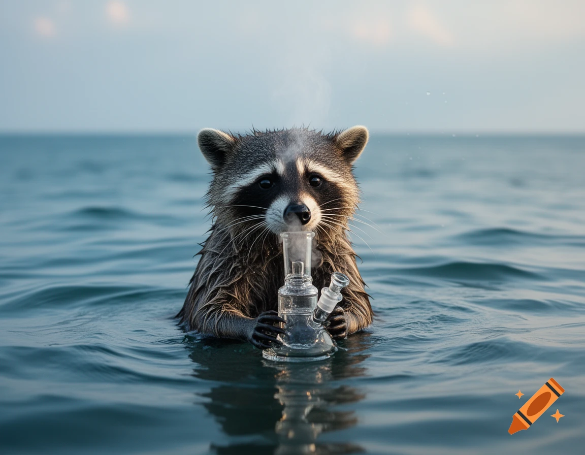 Photorealistic image of a wet raccoon standing in the ocean, holding a glass bong.