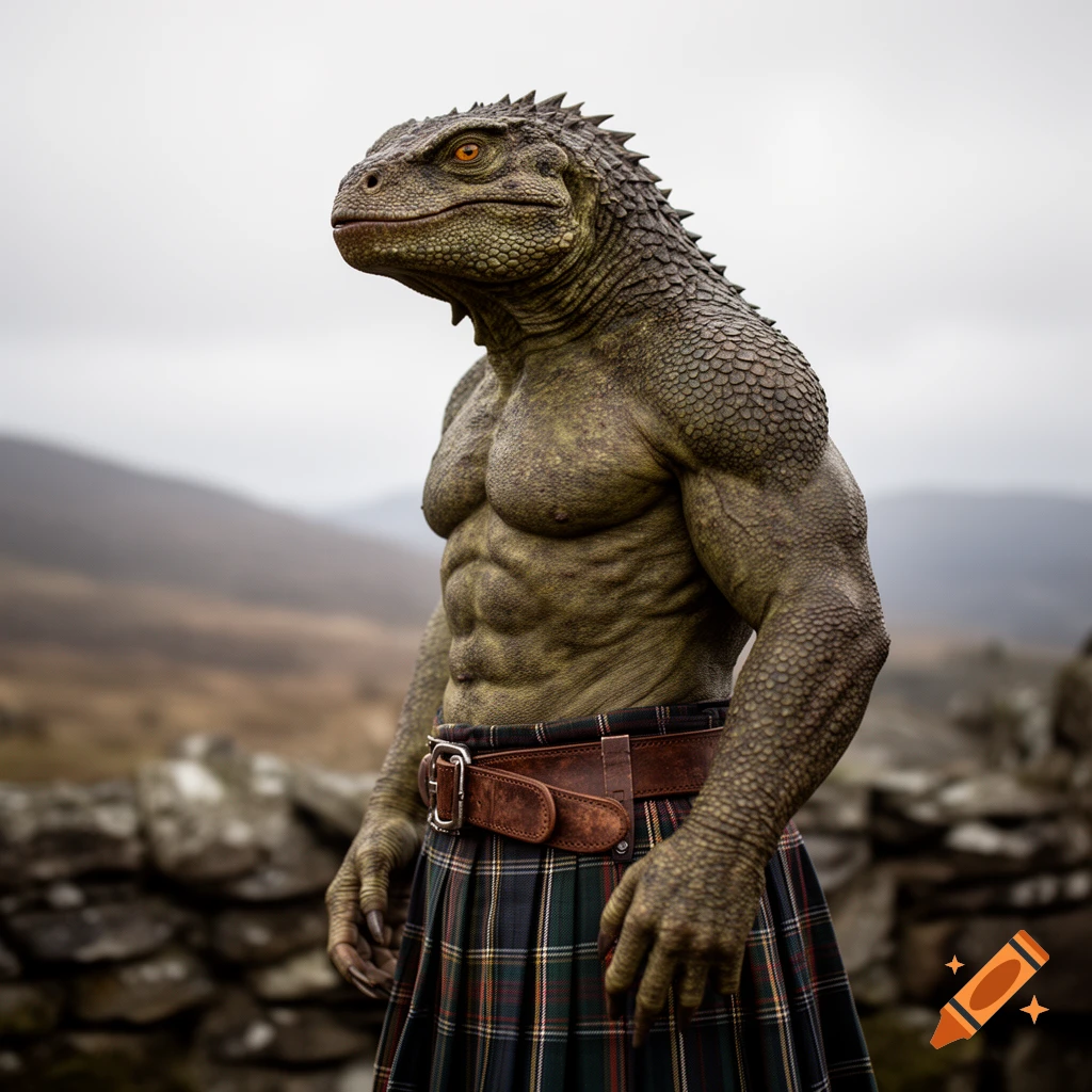 Photorealistic profile of a muscular lizardman wearing a Scottish kilt, standing outdoors against a backdrop of hills.