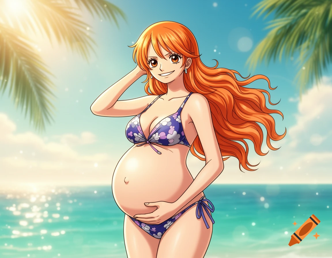 Anime style illustration of Nami from One Piece with long orange hair, pregnant belly, wearing a floral bikini on a beach.