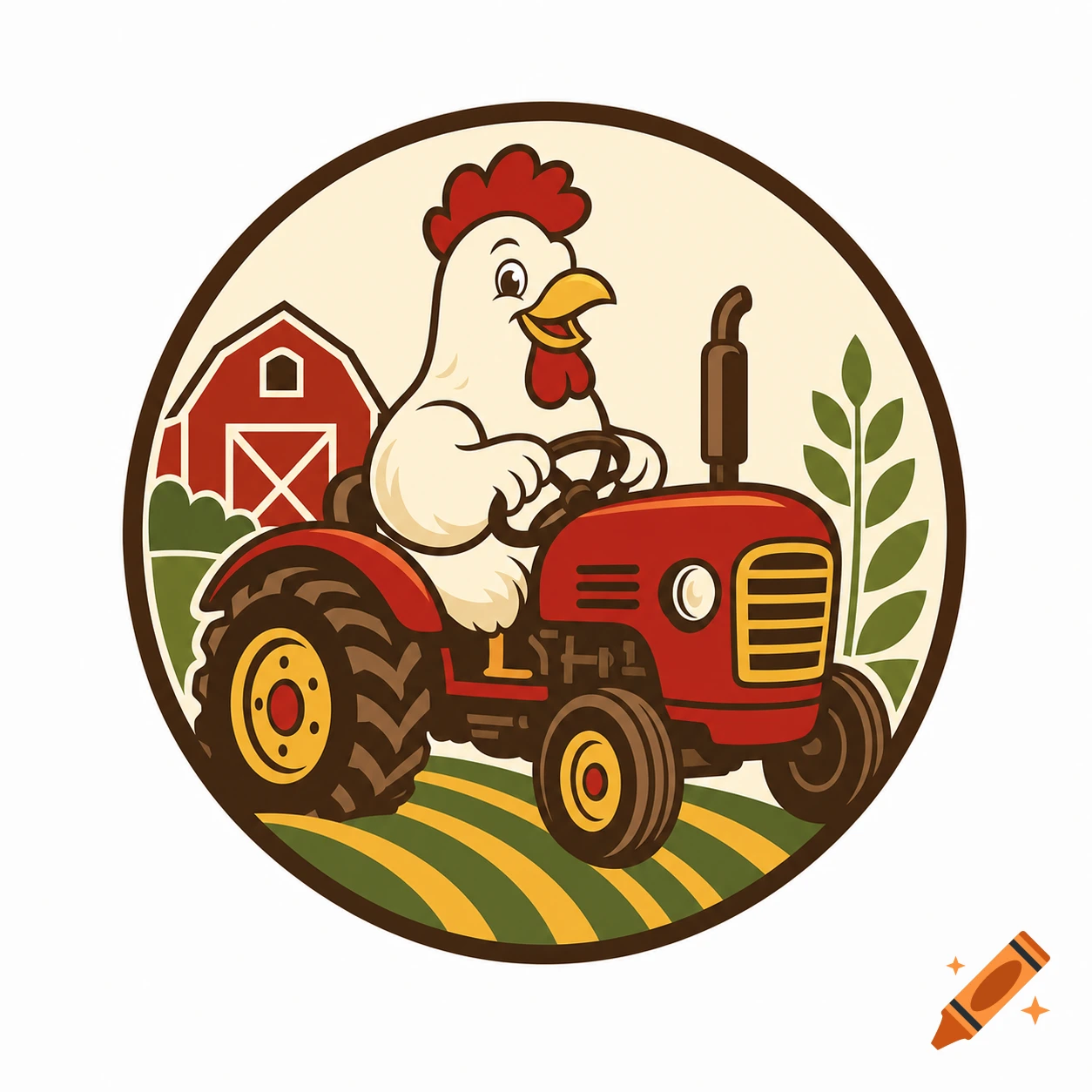 Circular cartoon logo of a friendly white chicken driving a red tractor in front of a red barn and fields.