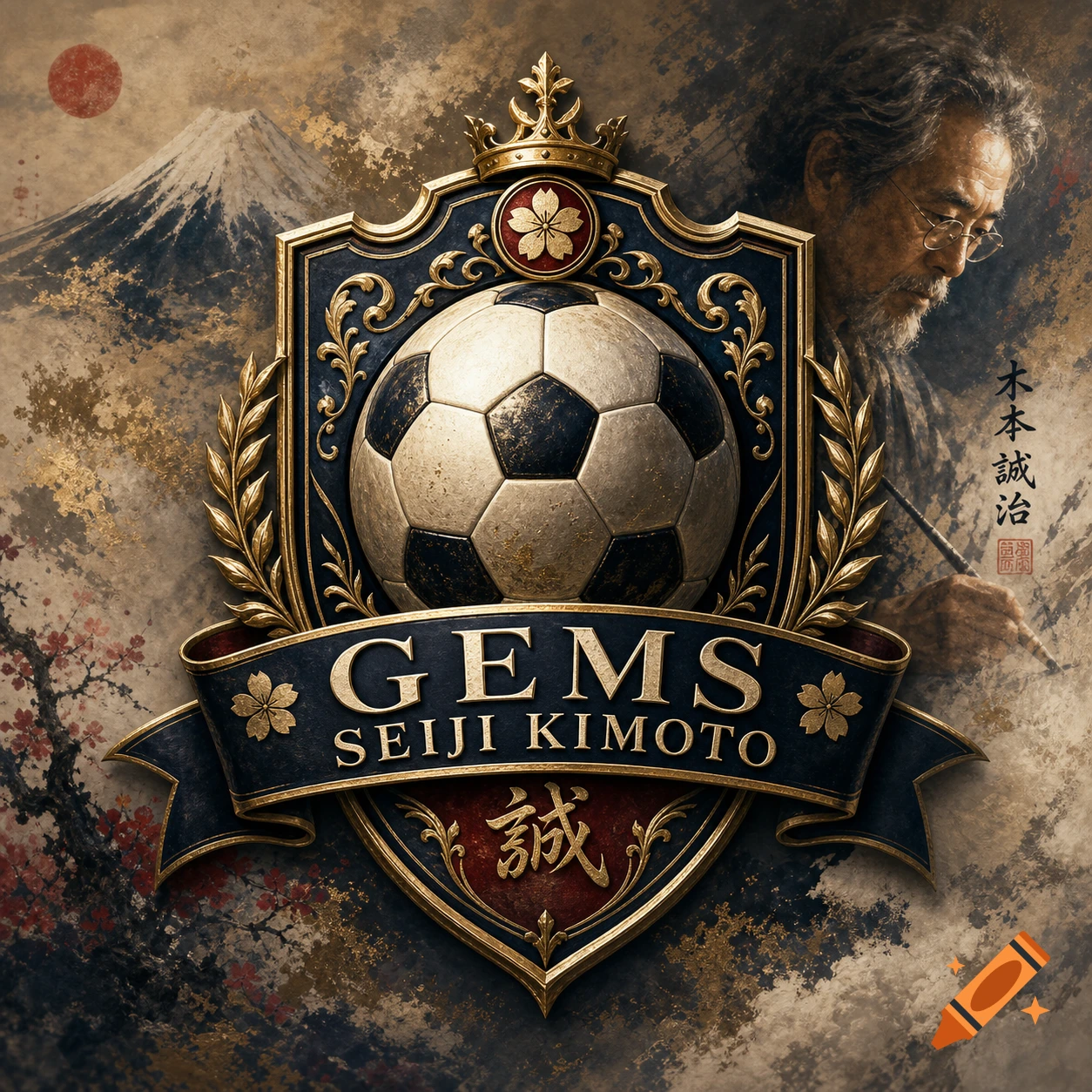 Decorative soccer crest featuring a vintage football, gold filigree, crown, and the text GEMS SEIJI KIMOTO against a Japanese mountain backdrop.