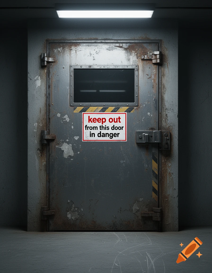 Photorealistic shot of a heavy, rusted metal door with a warning sign reading 'keep out from this door in danger'.