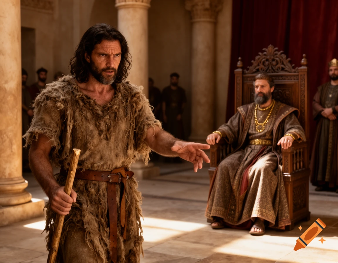 Photorealistic scene of John the Baptist in rough camel-hair clothing pointing at King Herod seated on a throne.
