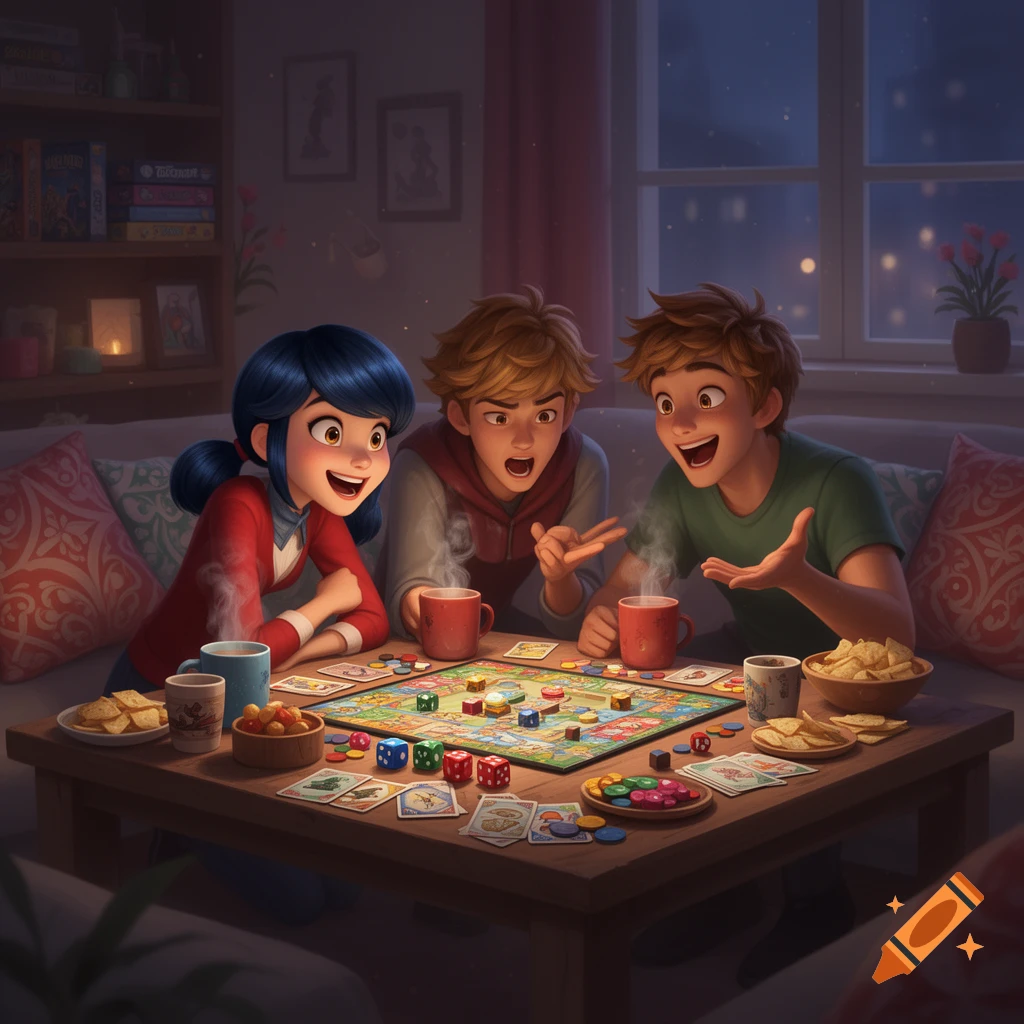 Three young friends playing a board game around a coffee table at night in a cozy living room, 3D animated style.