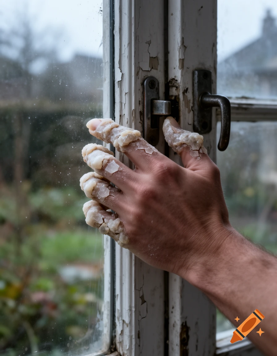 A close-up of a human hand with calcified, bony fingers opening an old, weathered window.