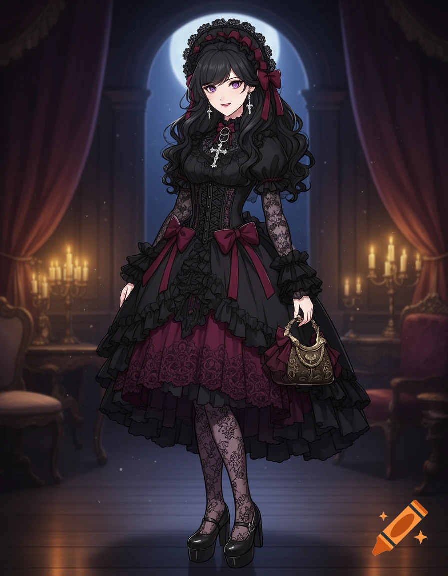 Anime style illustration of an adult woman in a gothic lolita dress standing in a moody room with candles.