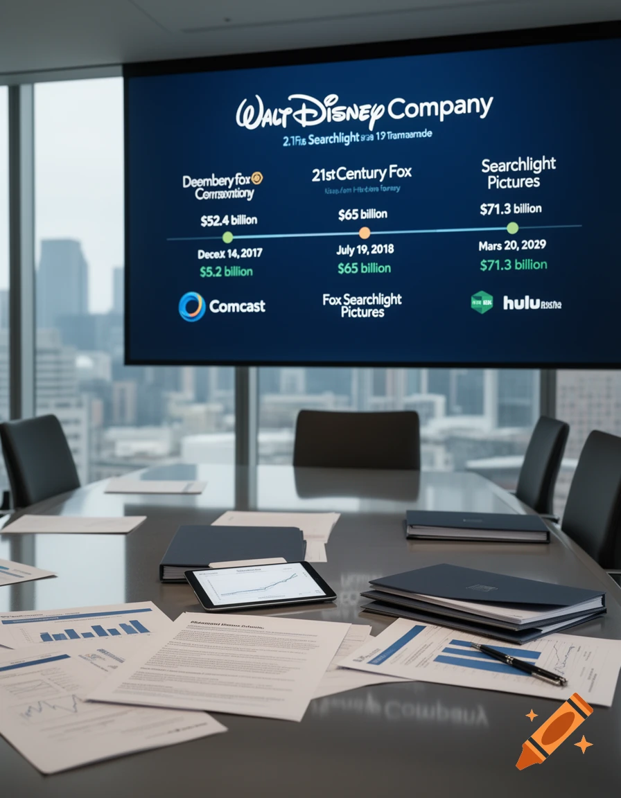 A conference room with a large screen displaying business acquisition statistics and charts, surrounded by papers and folders.