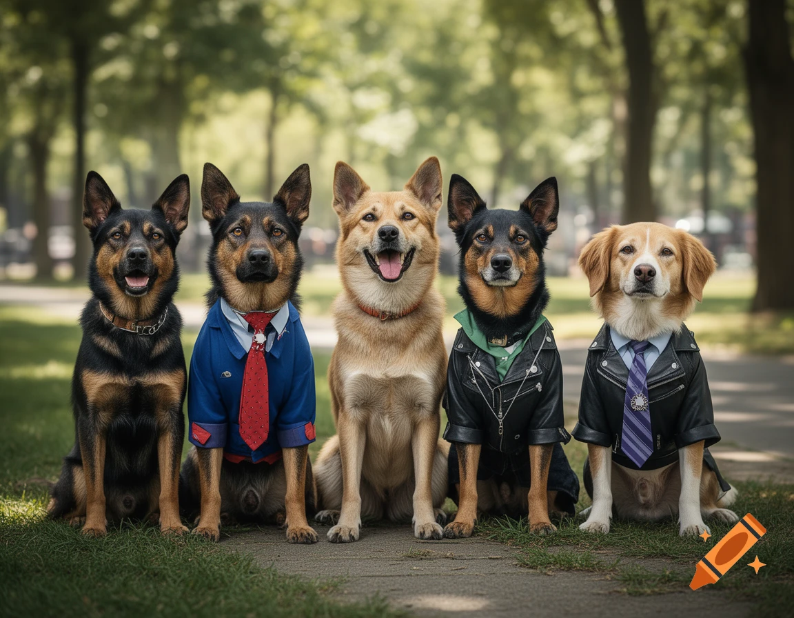 Five dogs dressed in human clothes like jackets and ties, sitting in a row outdoors in a park, photorealistic style.
