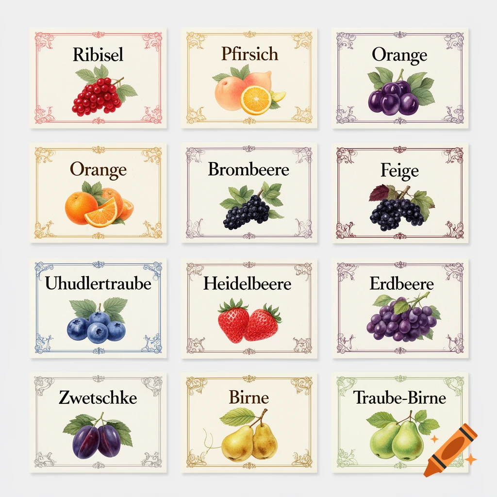 Vintage botanical fruit labels with German text and colorful illustrations of various fruits.