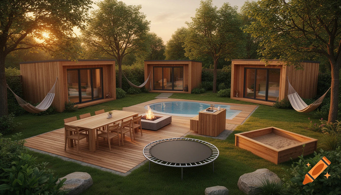 Wide-angle photorealistic view of a scandinavian wooden backyard sanctuary featuring cabins, pool, fire pit, and dining area at sunset.