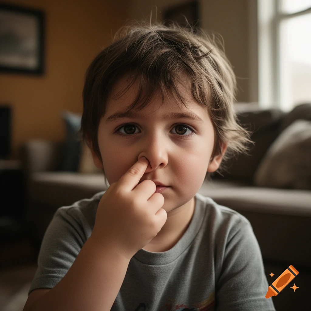 Photorealistic close-up of a young boy picking his nose, sitting indoors on a couch.