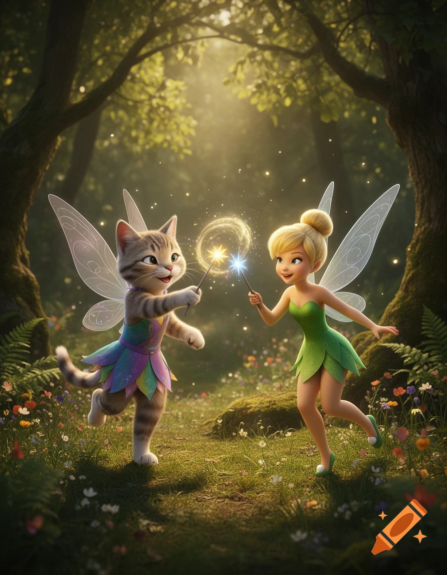 An anthropomorphic cat fairy and Tinker Bell playing with magic wands in a sunlit forest, digital 3D art style.
