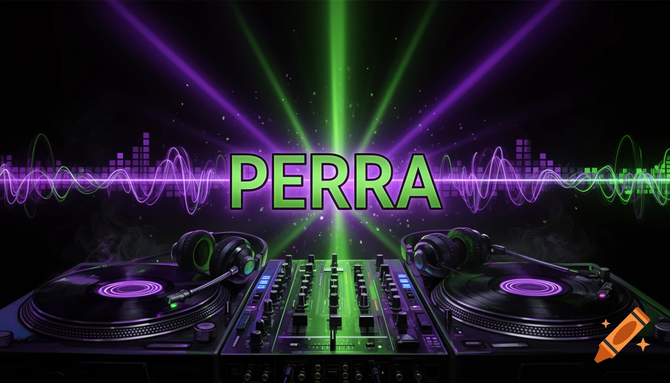 Digital wallpaper of a DJ setup with turntables, mixing console, and headphones under green and purple lighting, featuring the text PERRA in the center.