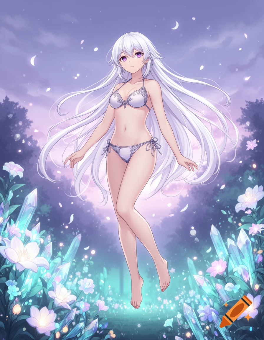 Anime style illustration of a barefoot girl with long white hair and purple eyes wearing a white bikini, floating in a magical crystal forest.