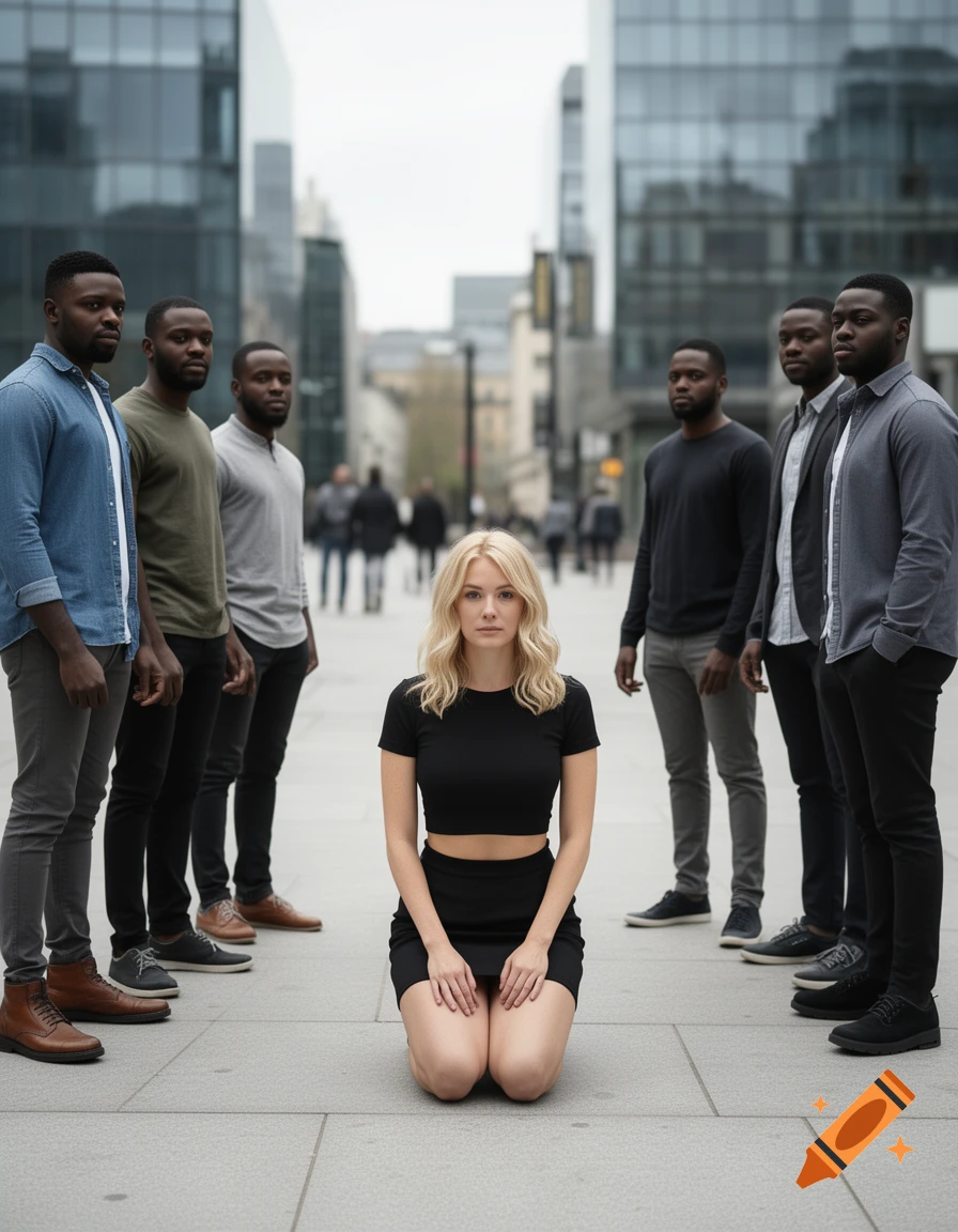 Photorealistic image of a blonde woman in a black crop top and skirt kneeling on a city pavement, surrounded by a group of men.