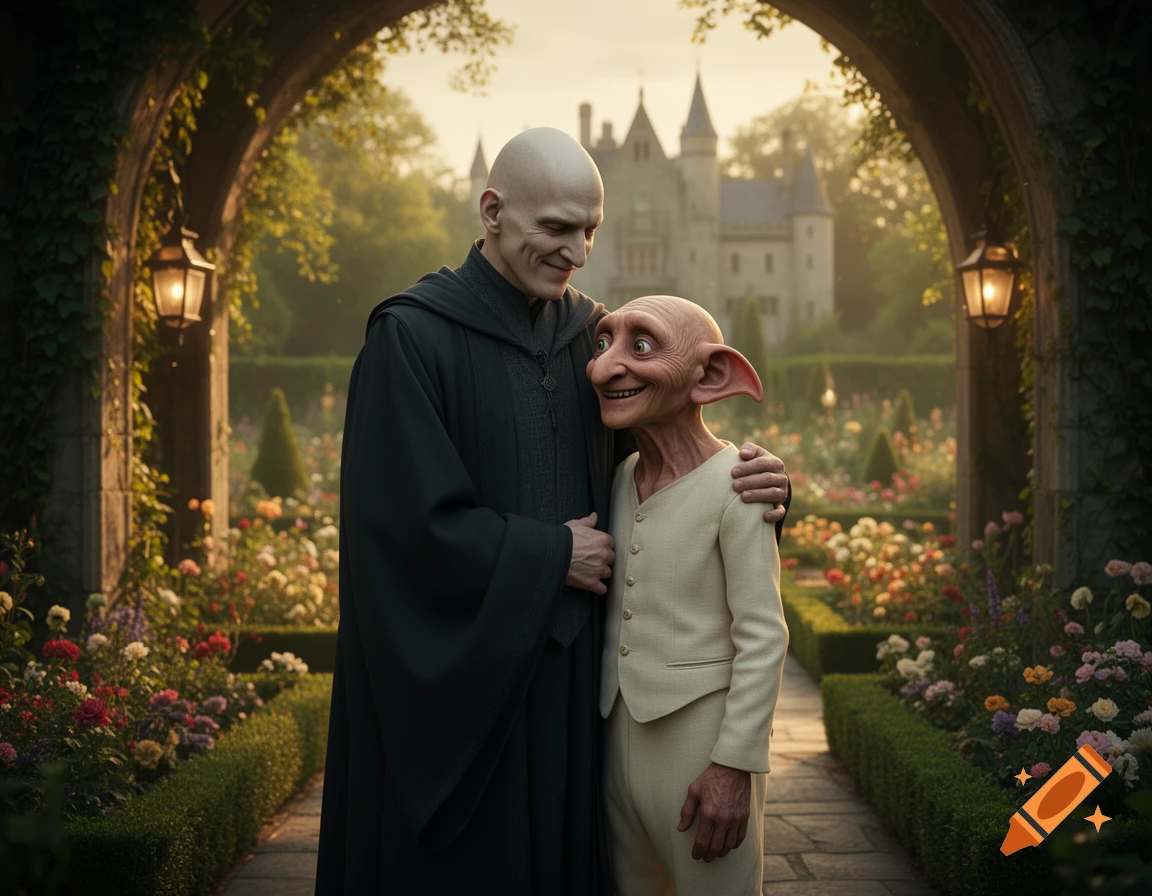 Photorealistic image of Lord Voldemort and Dobby embracing lovingly in a blooming castle garden.