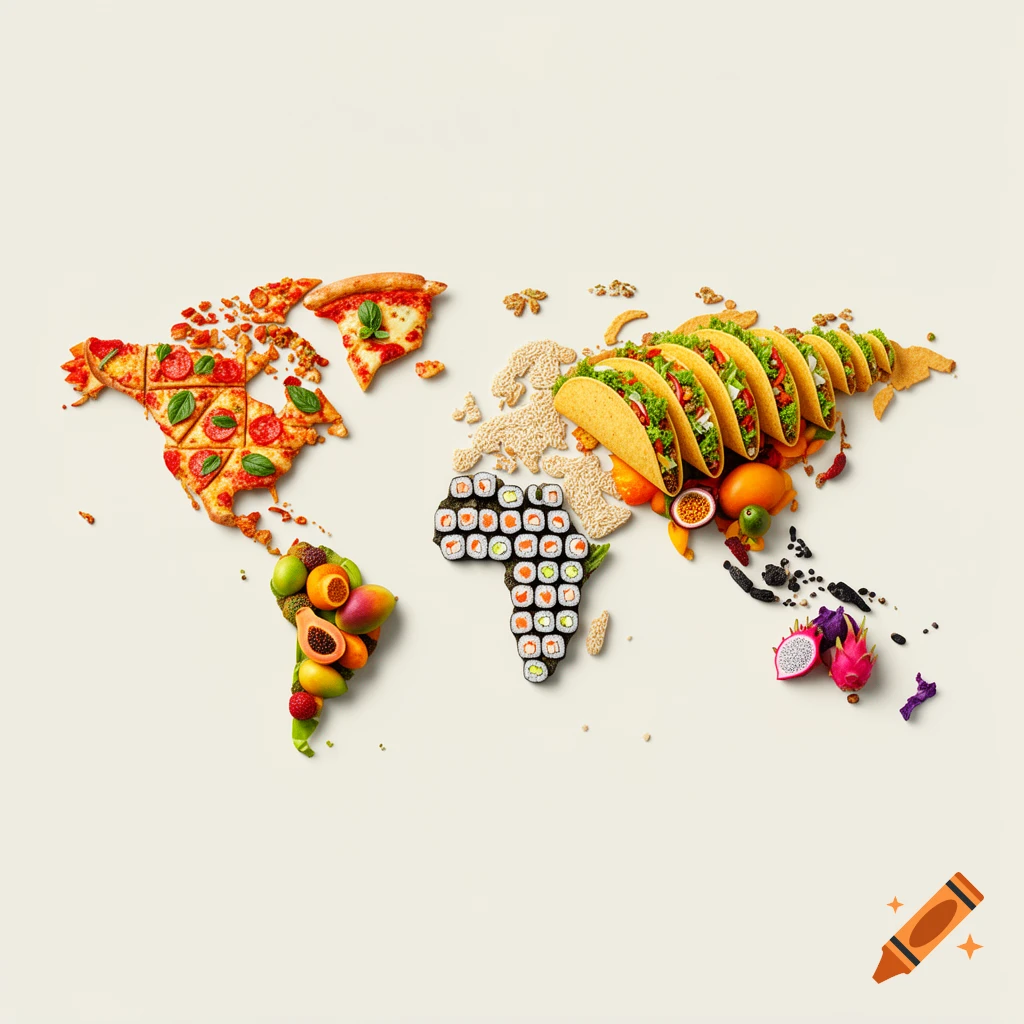 A world map creatively constructed from various international foods like pizza, sushi, tacos, and fruit on a neutral background.
