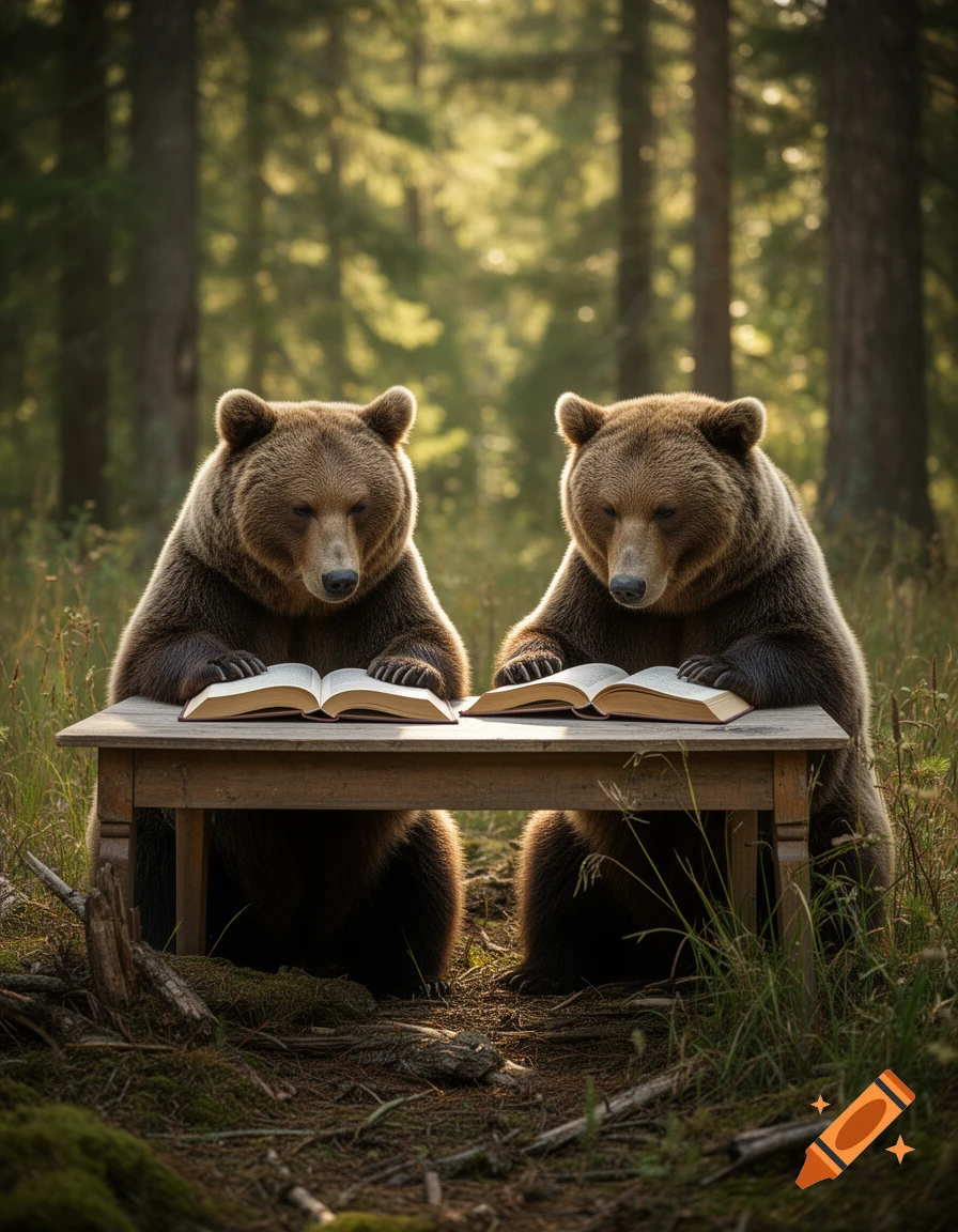 Photorealistic image of two grizzly bears sitting at a wooden table in a forest reading open books.