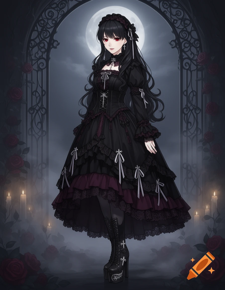 Anime style illustration of a Japanese goth girl in a black and dark purple victorian dress standing in front of a moonlit archway.