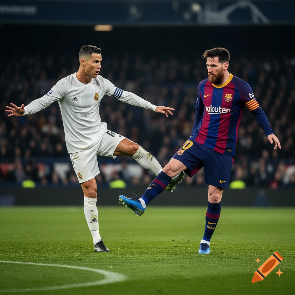 Photorealistic image of soccer players Cristiano Ronaldo in a white Real Madrid kit and Lionel Messi in a Barcelona kit during a match.