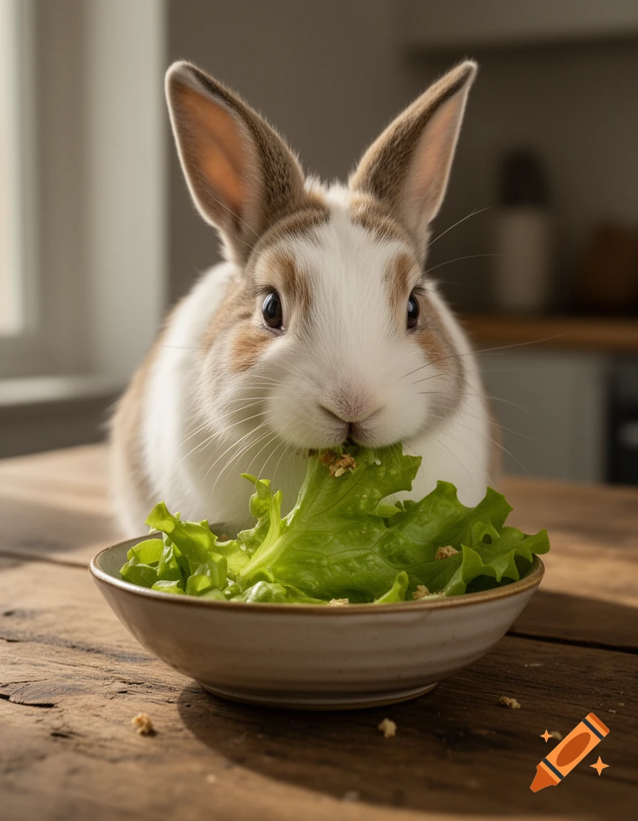 Close-up photorealistic image of a brown and white bunny eating fresh green lettuce from a bowl on a wooden table.
