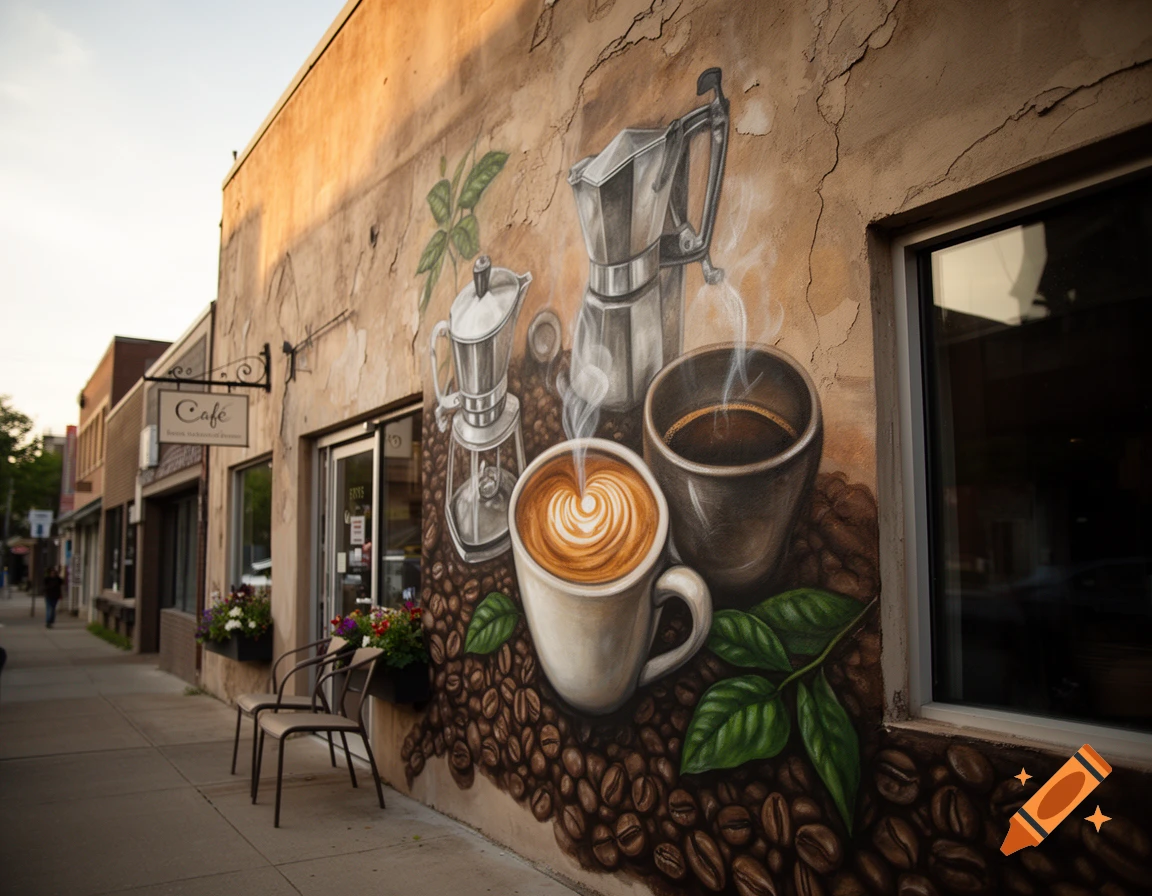 Photorealistic street view of a small town cafe exterior with a large coffee-themed mural on the stucco wall.